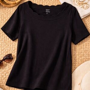 💎 Kim Rogers XL Black Scalloped Neck Top 100% Cotton Short Sleeve Classic Blouse